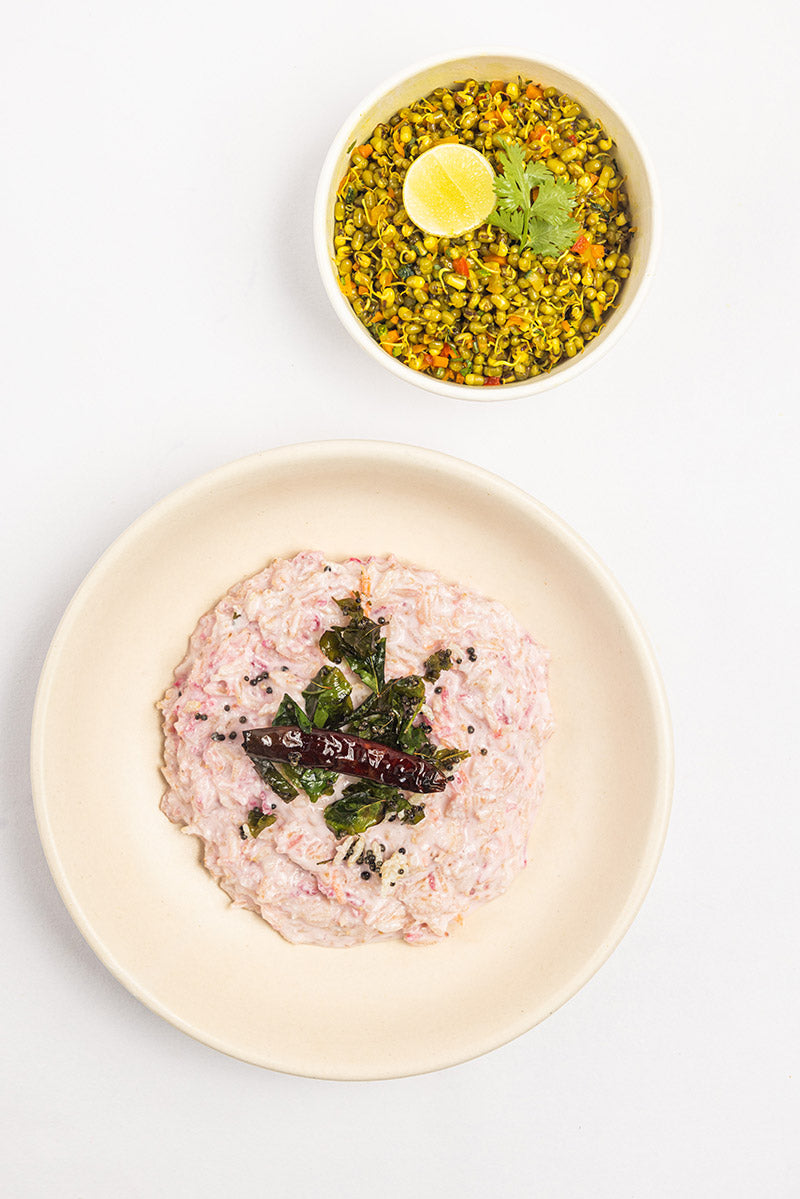Beetroot Cucumber Curd Rice with Sauteed Sprouts