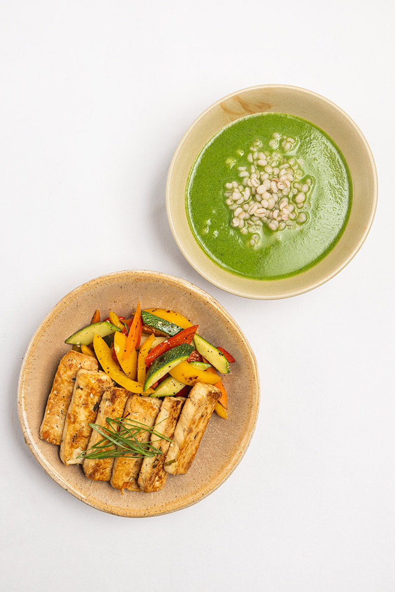 Green Soup with Barley & Stir Fry Veggies with Tofu