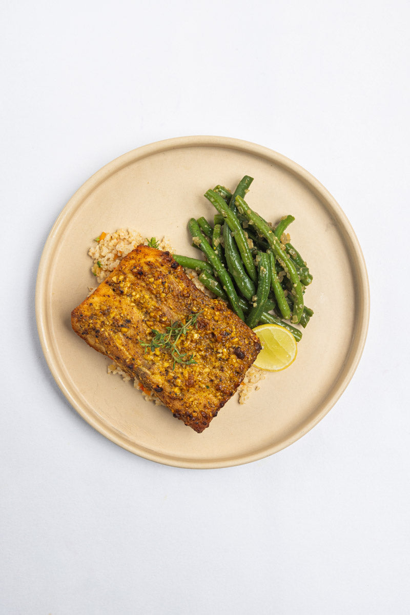 Lemon-Mustard Dil Fish on a Bed of Broken Wheat
